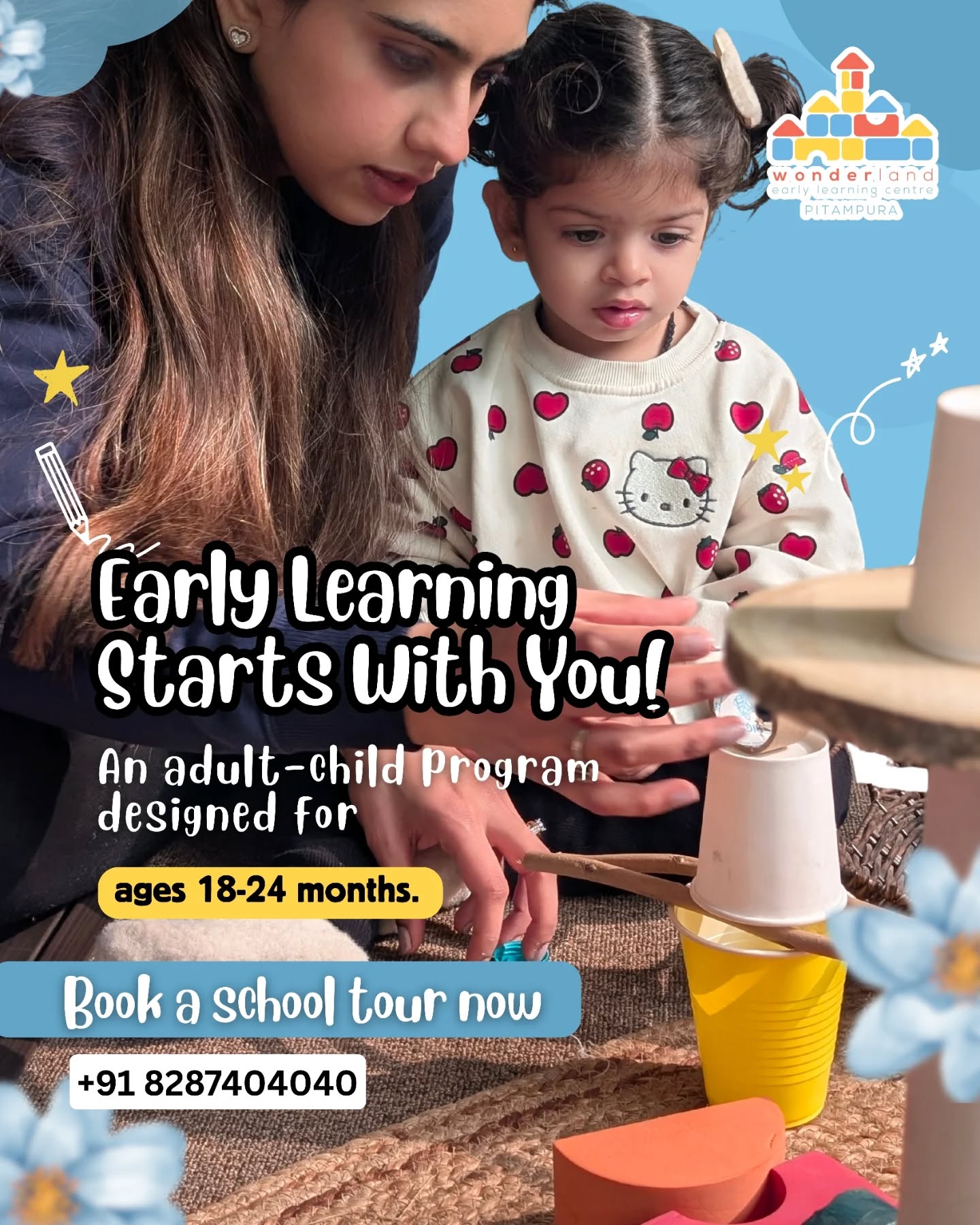 Our Adult & Child Program is designed to help toddlers learn through play, sensory activities, and bonding — with a parent by their side.
A gentle, joyful start to early learning in a safe and nurturing environment.
👶 Age Group: 18–24 months
📍 Location: Wonderland Early Learning Center, Pitampura
🎯 Limited Seats Available
Call/WhatsApp us for details
📞 +91 8287404040
#welcpitampuraofficial #adultandchildclasses #preschoolindelhi #welcpitampura #admissions