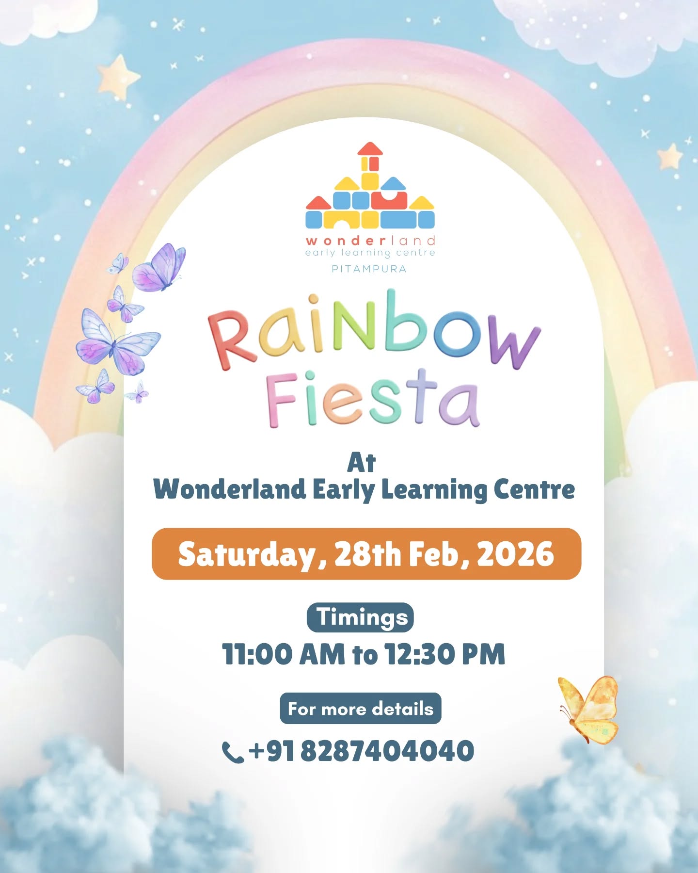 โจ Get Ready for the Most Colourful Celebration of the Year! โจ
Join us for Rainbow Fiesta at Wonderland Early Learning Centre, Pitampura
๐ 28th February 2026
โฐ 11:00 AM to 12:30 PM
A day filled with colours, joy, laughter, fun activities, and magical moments for our little ones! ๐
Letโs celebrate happiness the rainbow way ๐
Save the date and donโt miss it!